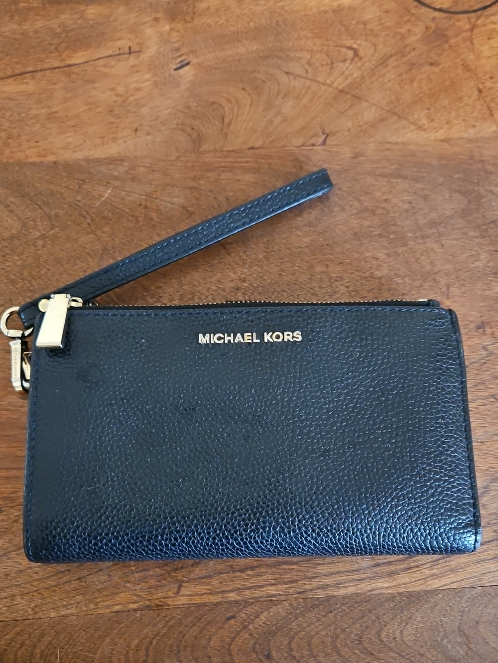 Michael Kors Black Leather Wristlet with Gold Logo